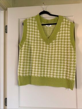Double Zero Lime Green and White Houndstooth V-Neck Sweater Vest